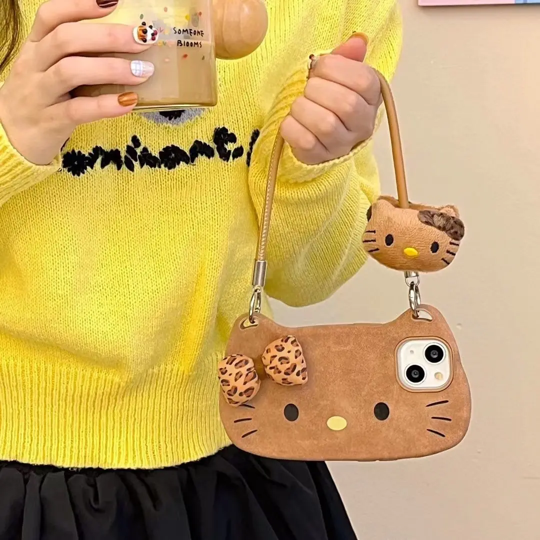 ليوبارد طباعة القوس مرحبا كيتي الجلود يده جراب هاتف آيفون 16 برو ماكس 15 برو 14 التغطية الكاملة الهاتف الغطاء الواقي