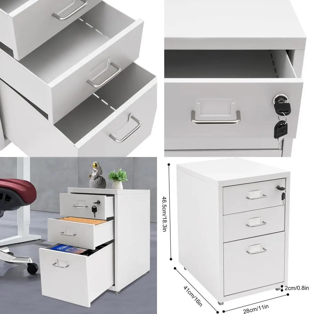 

Mobile 3-Drawer Steel Filing Cabinet with Lock, Under Desk Storage, White, 11x16x18.3in for Home Office