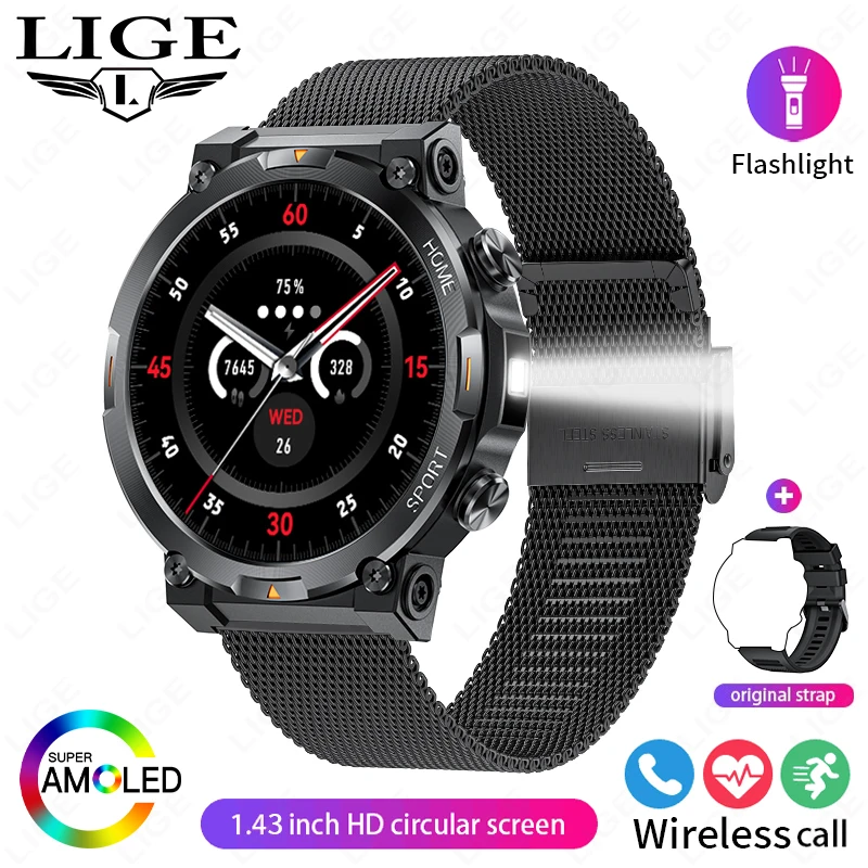 

LIGE Smart Watch Heart Rate Blood Oxygen Sleep Monitoring Women's Health Sports Watch Bluetooth Call Flashlight Men's Smartwatch