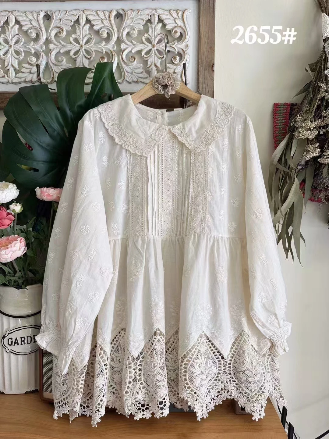 Spring New Japanese Sweet Mori Girl Embroidery Hollow Out Cotton Linen Shirts Women Cute Peter Pan Collar Casual Loose Tops