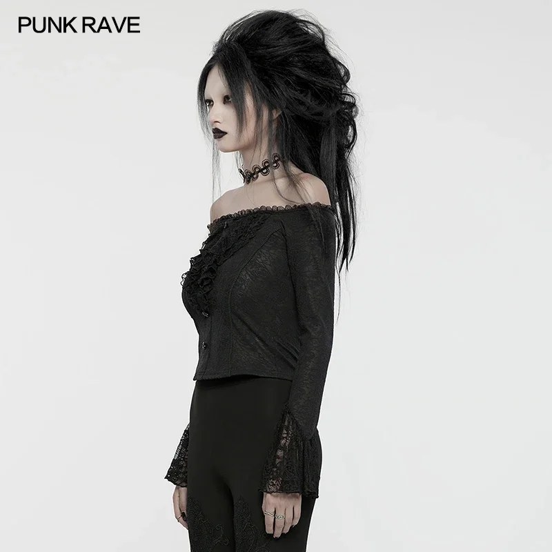 PUNK RAVE Women's Gothic Dark Sexy Off-shoulder Ruffles Rose Knit & Lace T-shirt Elegance Black Tops Daily Women Clothes