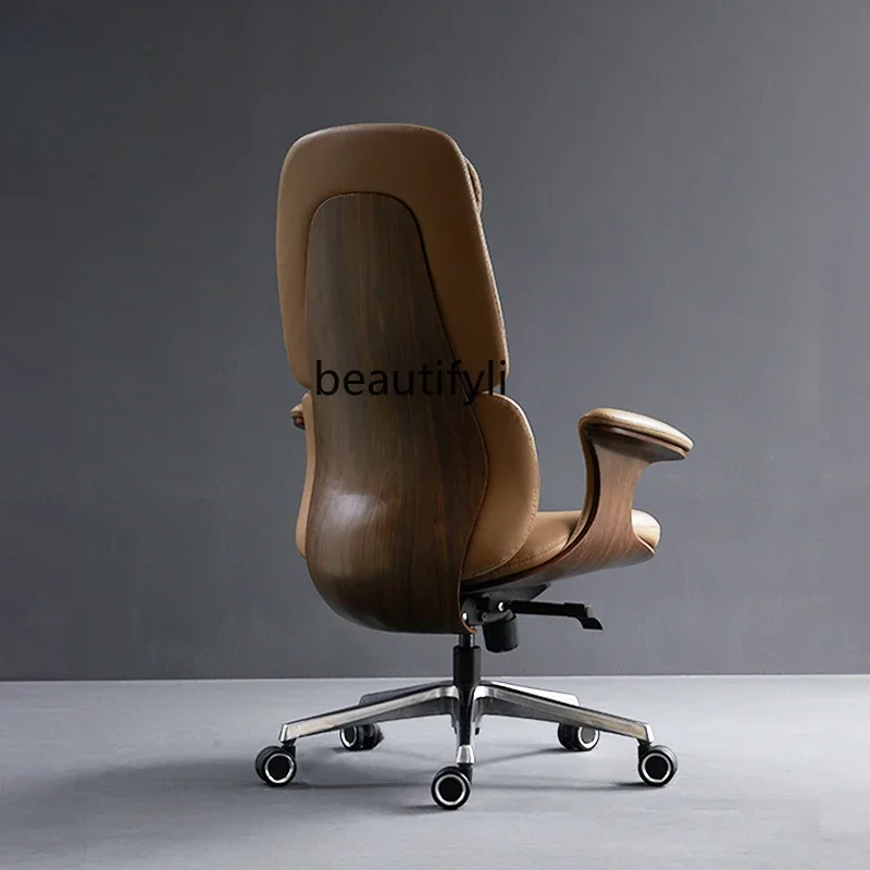 Cowhide office chair boss, computer, comfortable and sedentary home seat, desk chair, leather swivel chair