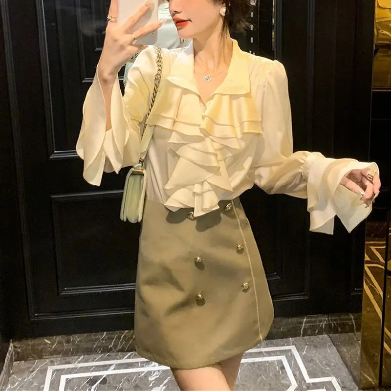 Women Clothing Temperament Chiffon Shirt Tops Spring Autumn Long Sleeve Loose Ruffles Patchwork Elegant Blouse Fashion Office