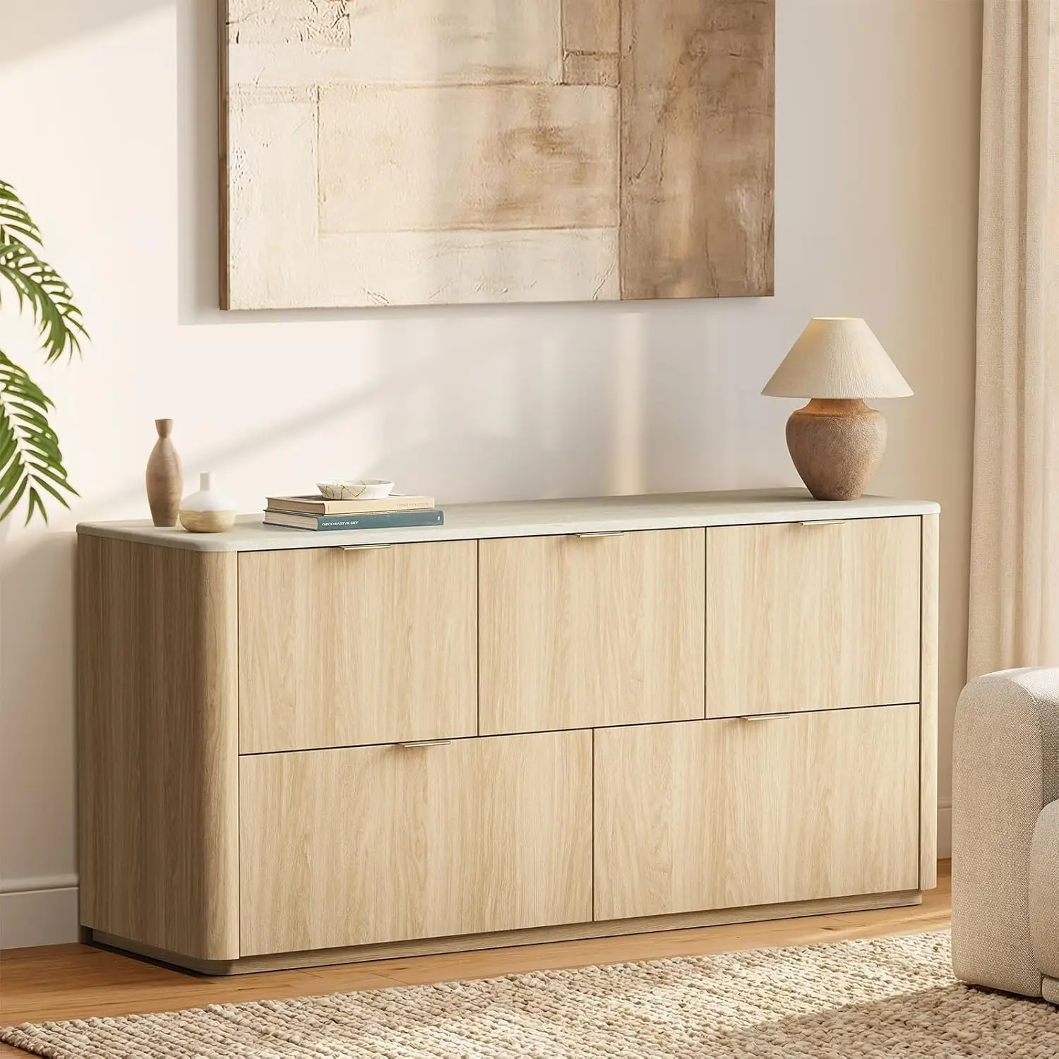 

Dresser for Bedroom with 5 Drawers, 51" Wide Chest of Drawers with Faux Travertine Top and Metal Handles, Storage, Customized