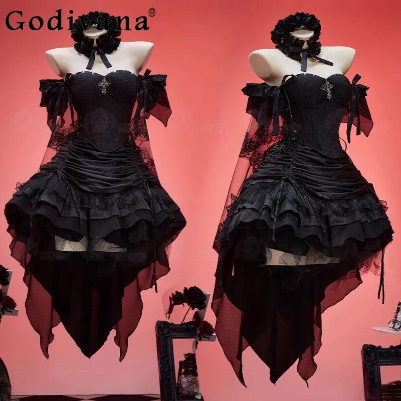 

Black Flower Marriage Cos Dress Women's Gothic Style Collarless Party Dress Female High Waist Subculture Dress Clothing