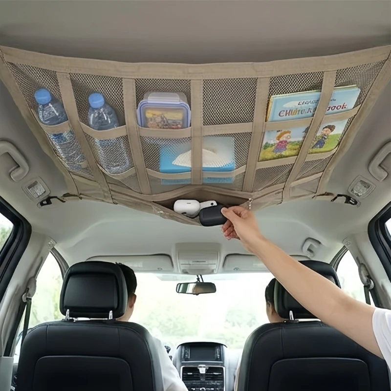 Vehicle Ceiling Storage 90 x 65 with Elastic Webbing, Top Hanging Car Storage for Tissues, Snacks, Thin Jackets, and X37F