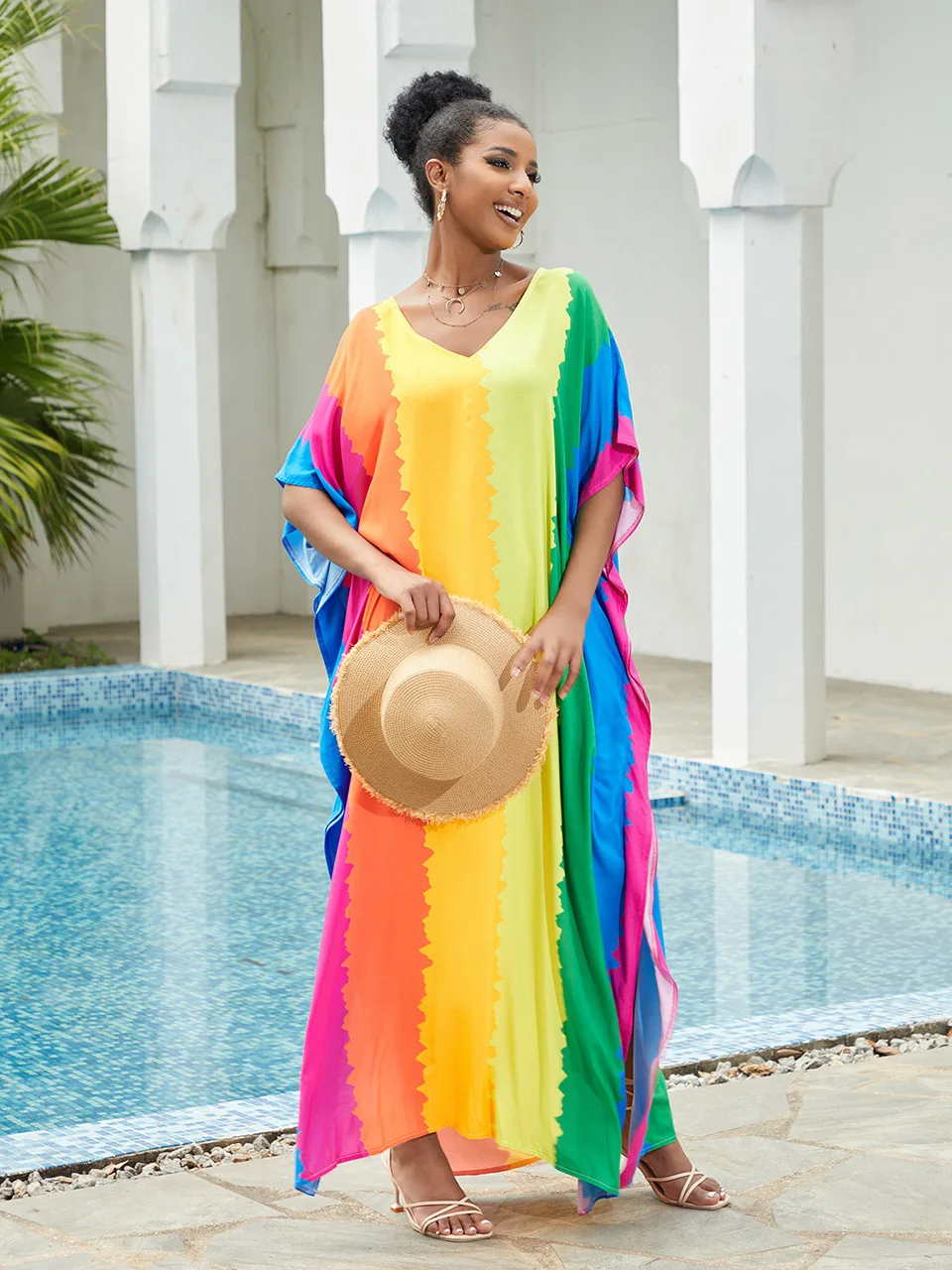 2023 Bohemian Tie Dye Bikini Cover Up Maxi Dress Loose Kaftan Beach Outfits Women Swimsuit Cover-ups Beachwear Long Dresses