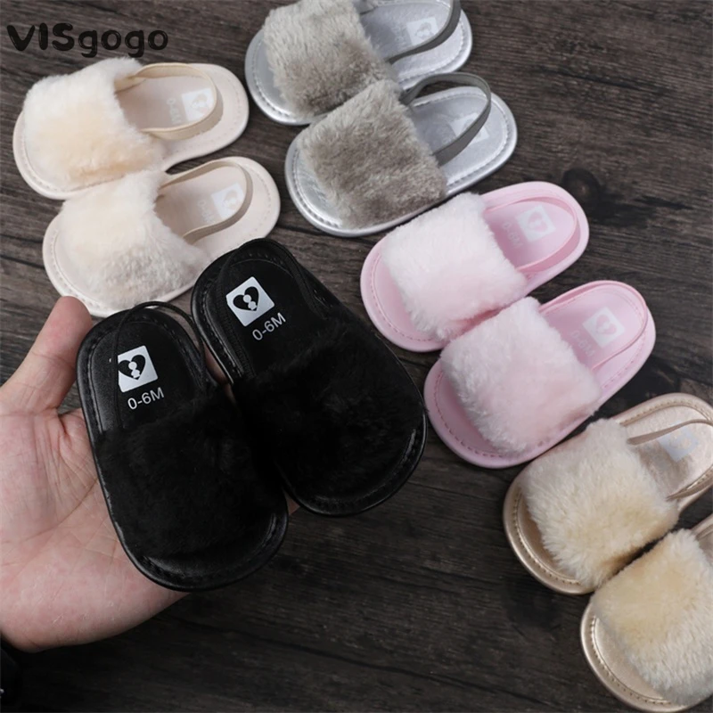 VISgogo Baby Girls Plush Slippers Fall Winter Open Toe Fur Princess Flats Walking Shoes for Toddler Newborn Infant