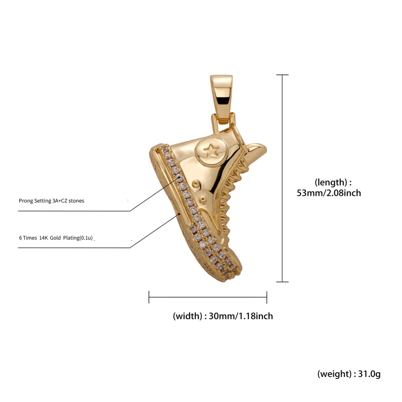 Iced Out Shoe Pendant Necklace Gold Plated Cubic Zircon Hip Hop Streetwear Charm Men Fashion Personality Accessories Gift