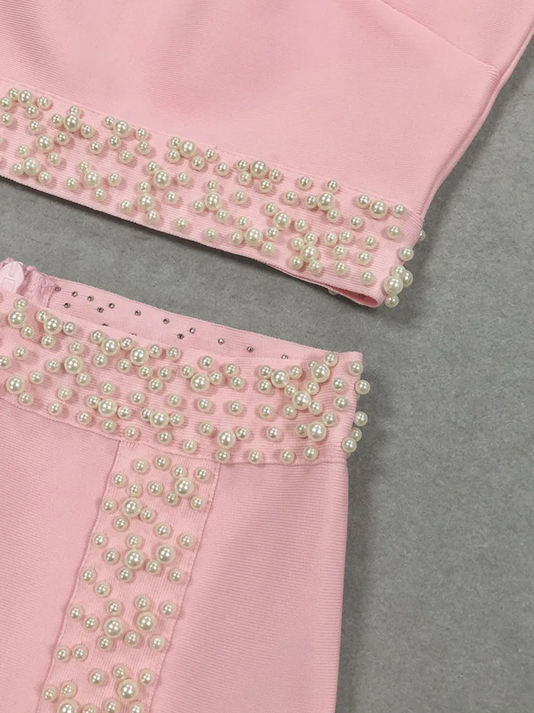 Feminino sexy o pescoço beading pérola rosa maxi longo duas peças saia bandagem conjunto 2025 celebridade designer moda feminina conjunto
