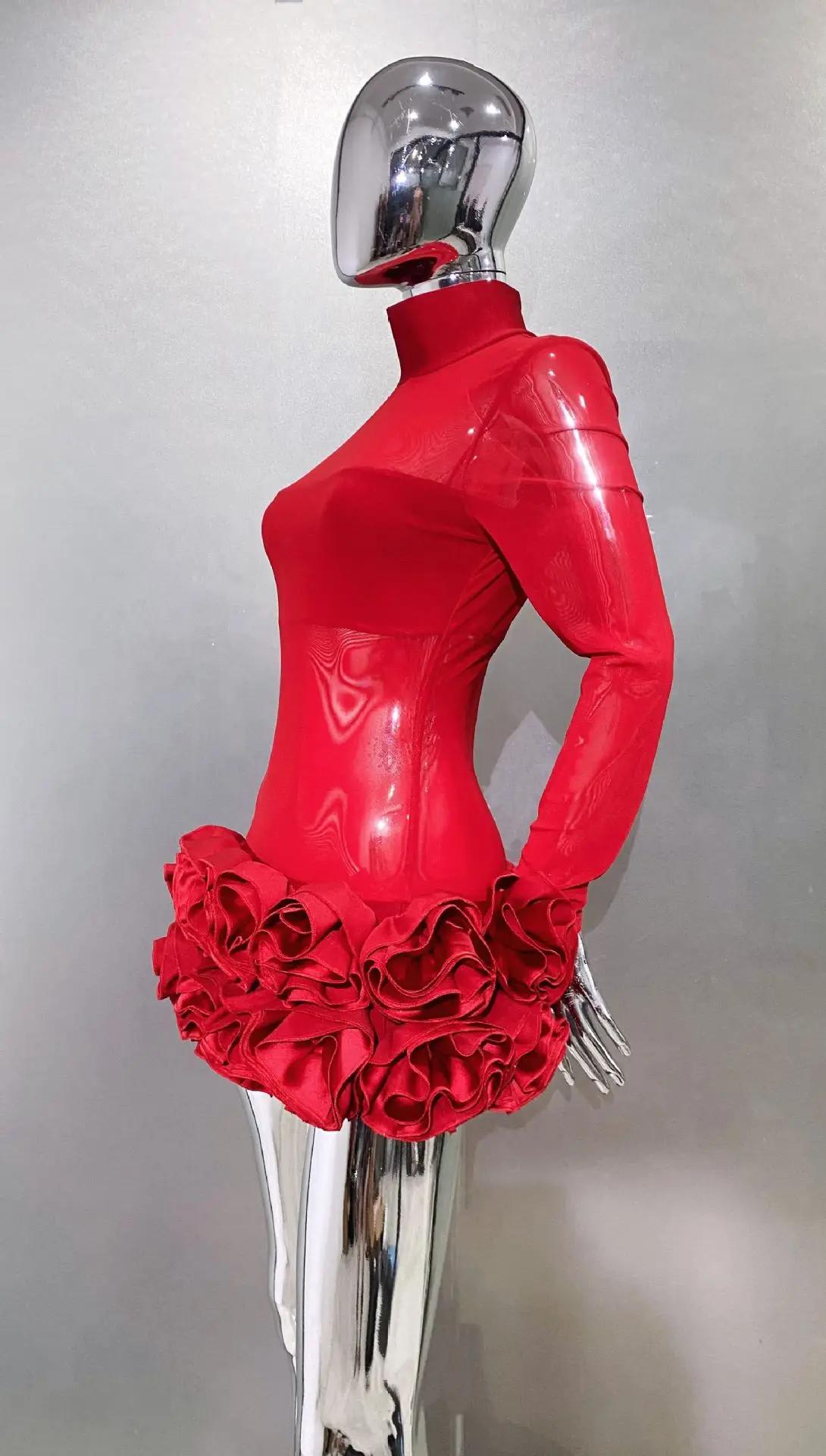 Seksowna Przezroczysta Sukienka Mini z Siateczki z Bufiastymi Rękawami, Czerwona, Seksowna Sukienka na Imprezę Urodzinową