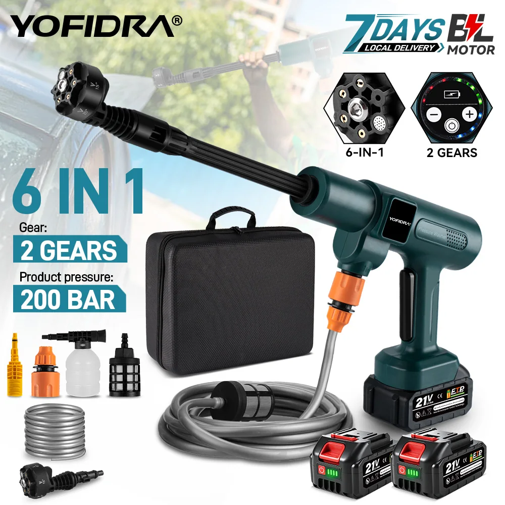 YOFIDRA 6-in-1 3500W 200Bar Bürstenlose Elektrische Hochdruck-Wasserspritze Autoreiniger Gartenwerkzeug für Makita-Akku