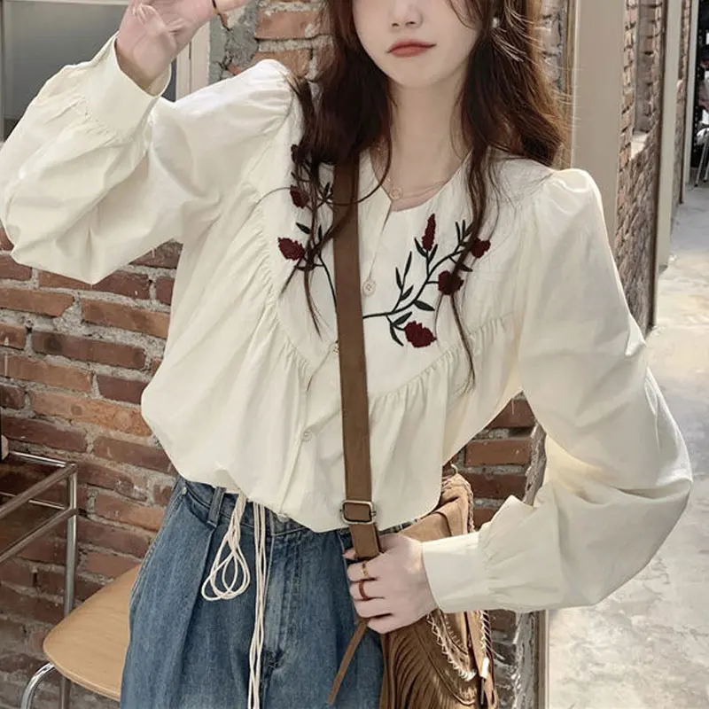 Folk Vintage Floral Embroidery Shirt Female Clothing Single-breasted Spring Autumn Long Sleeve Stylish Folds Loose O-Neck Blouse