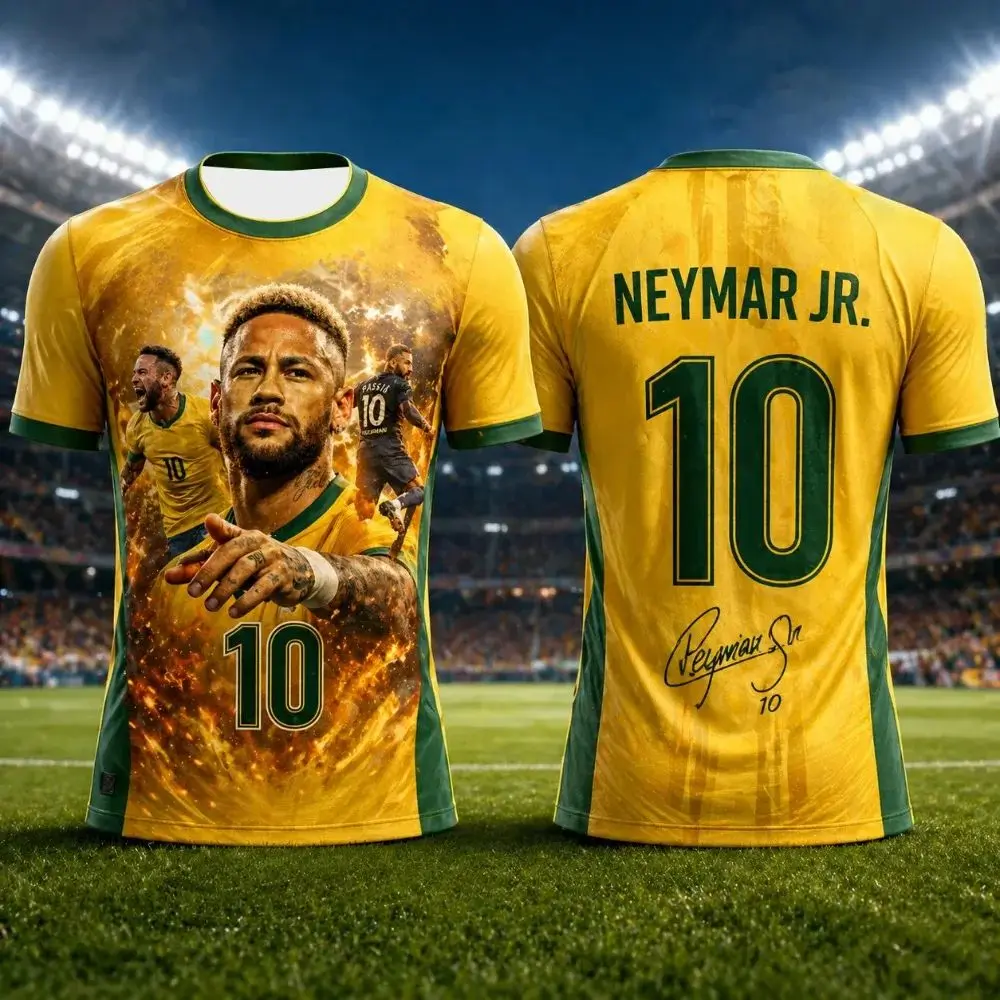 Neymar Jr #10 Brazil National Team Soccer Jersey T-Shirt, Men Women Yellow Green Short Sleeve Football Fan Streetwear Tee