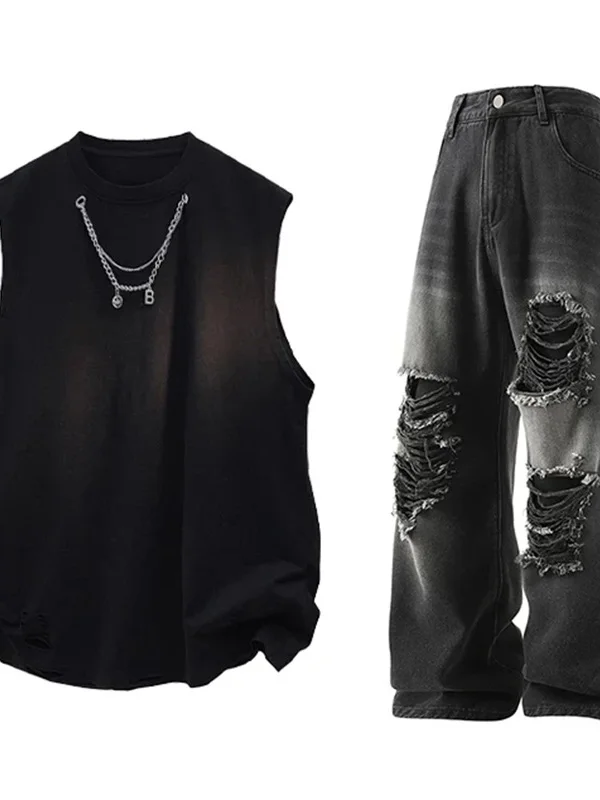 

Мужской летний комплект American High Street Sle: тонкий жилет и джинсы прямого кроя, повседневный спортивный костюм из двух предметов