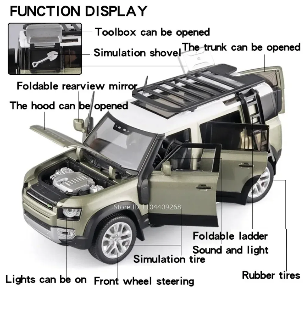 1:18 Schaal Land Range Rover Defender Model Auto Speelgoed Legering Diecast Terreinwagens Geluid Licht Deuren Geopend Pull Back voor Kinderen