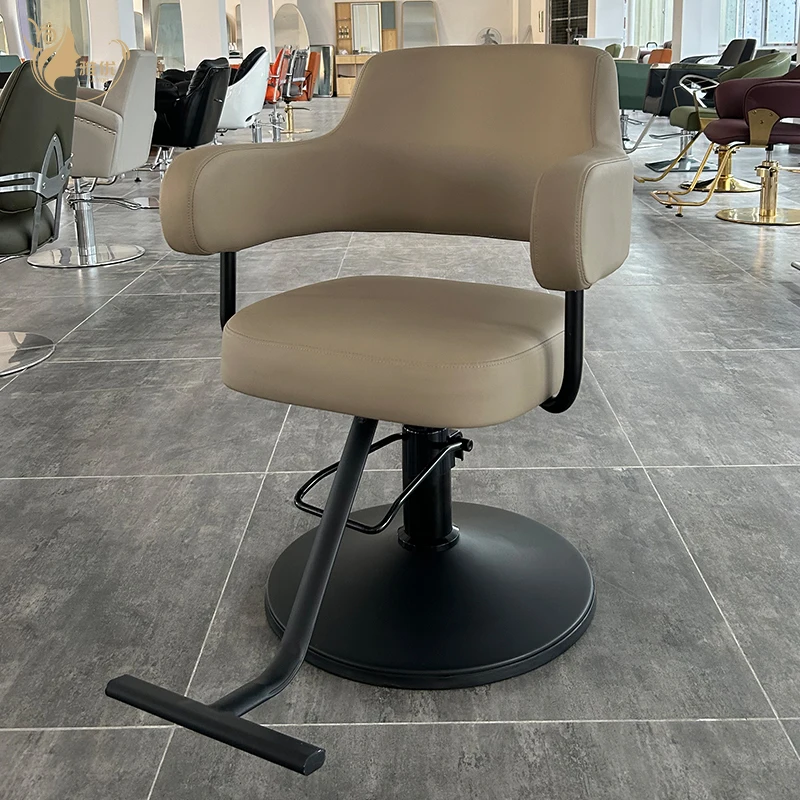Modern Hydraulic Barber Chair with Beige PU Leather and Matte Black Base for Salon