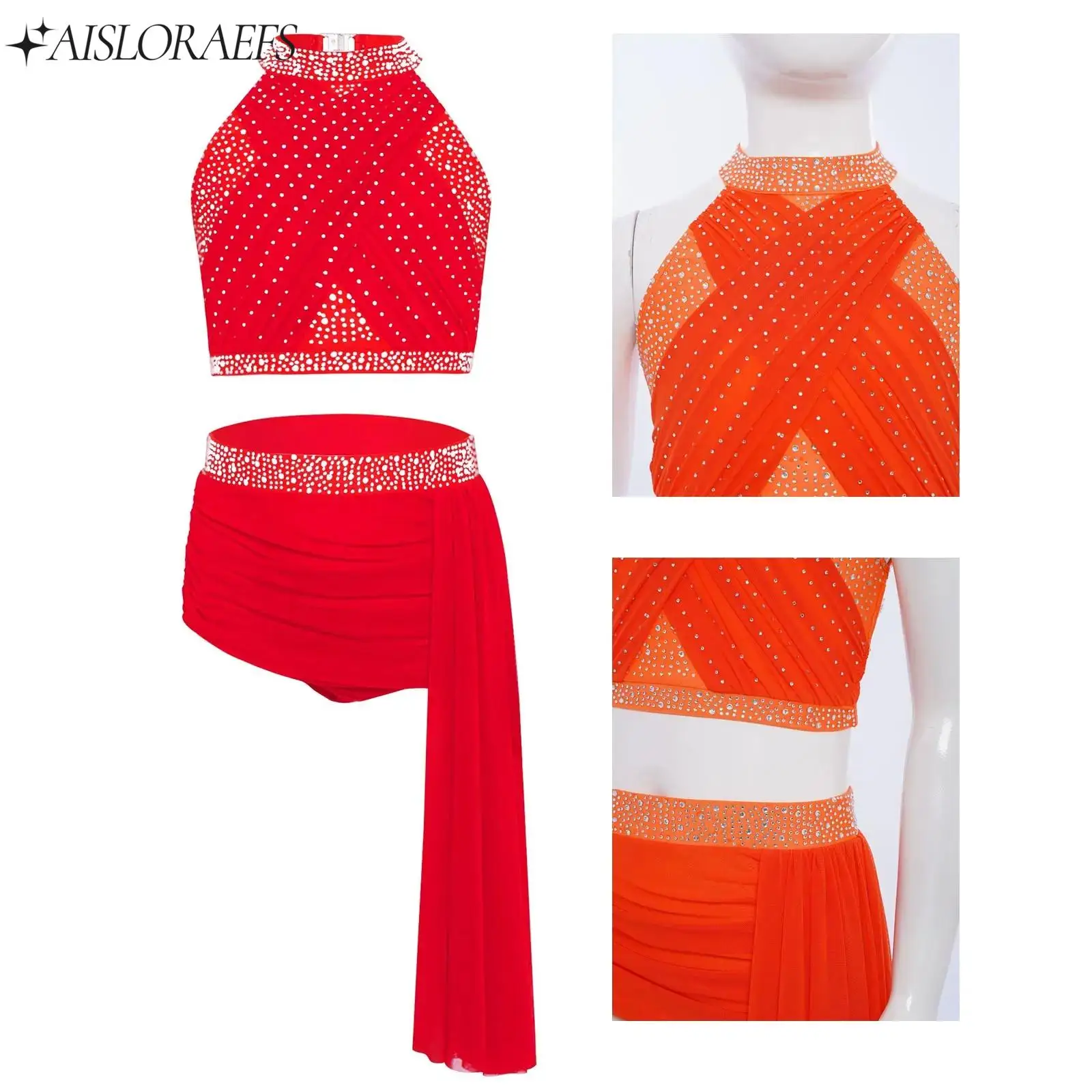 

Kids Girl Two-Piece Rhinestones Lyrical Dance Outfit Halter Sleeveless Crop Top with Skirt for Jazz Latin Modern Skating Dance