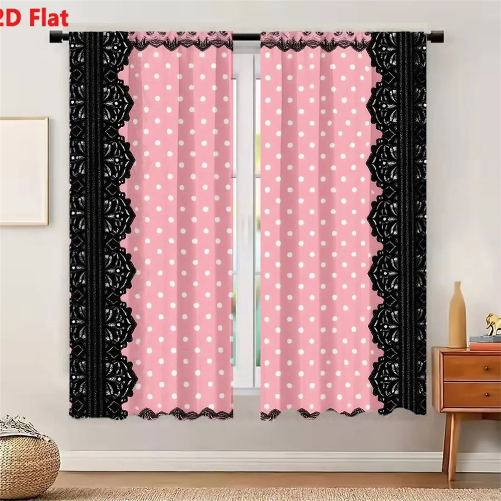2Pcs Curtains Vintage Pink Polka Dot Frame With Black Lace Border For Scrapbooking And Romantic Design Window Drapes for Bedroom