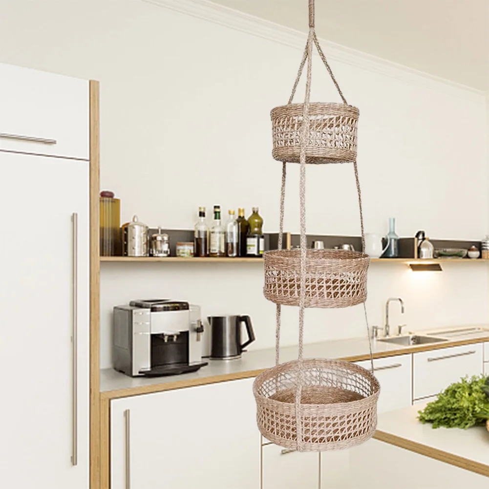Natural Woven Wicker Hanging Fruit Basket 3 Tier, Handmade, Organize Fruits and Vegetables, for and Garden Natural