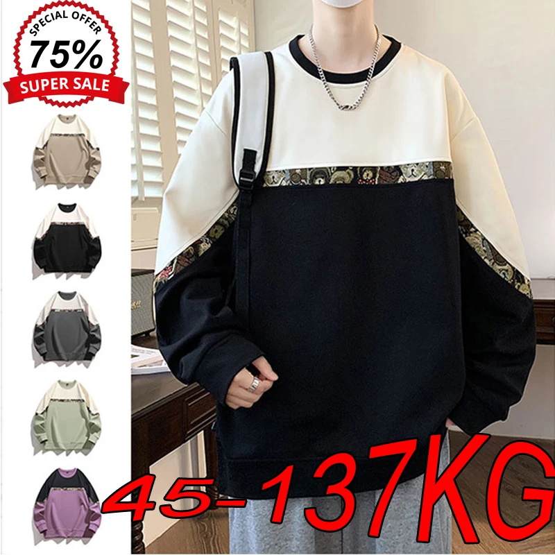 6XL 7XL 8XL Plus Size Sweatshirts Men's Autumn Stitching Color Round Neck Knit Tops Large Size Loose Sports Bear Design Pullover