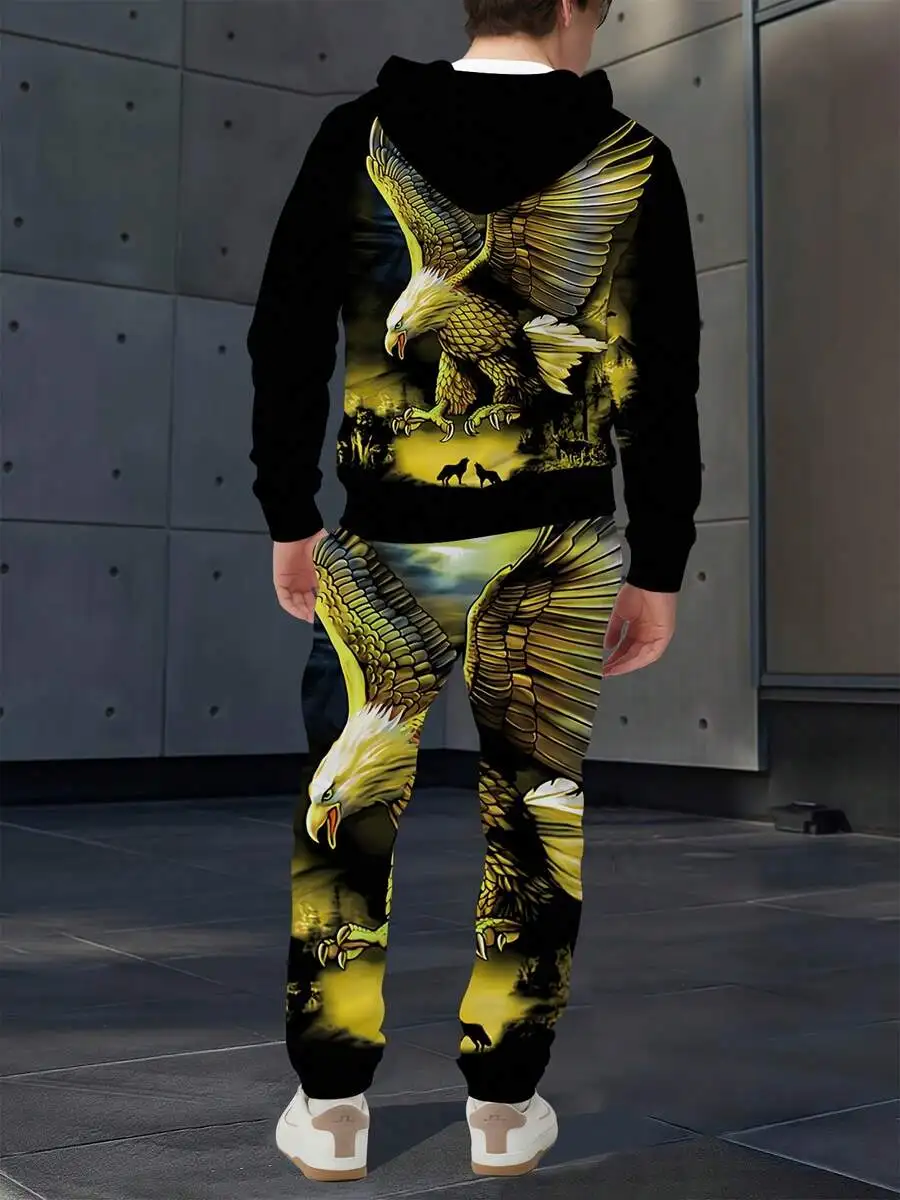

Eagle Print Hooded Sweatshirt And Jogger Pants Set For Men Casual Tracksuit