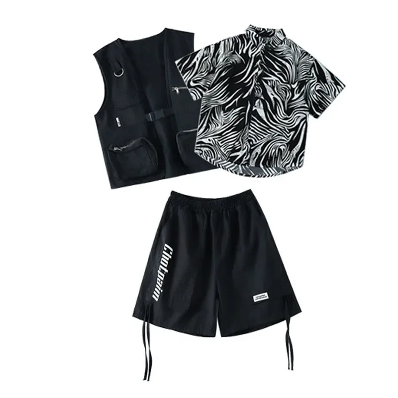 สีดําเสื้อแขนกุดเสื้อกั๊กลําลองกางเกงกางเกงขาสั้นเด็กหญิงแจ๊สเต้นรําเสื้อผ้าเครื่องแต่งกายเด็ก Cool Hip Hop เสื้อผ้า