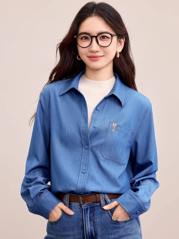 

SENTUBILA Casual Shirt Heart Embroidery Single Breasted Tops Blue Loose Fit Dropped Sleeves Shirt 2025 Autumn Clothing 153CA2762