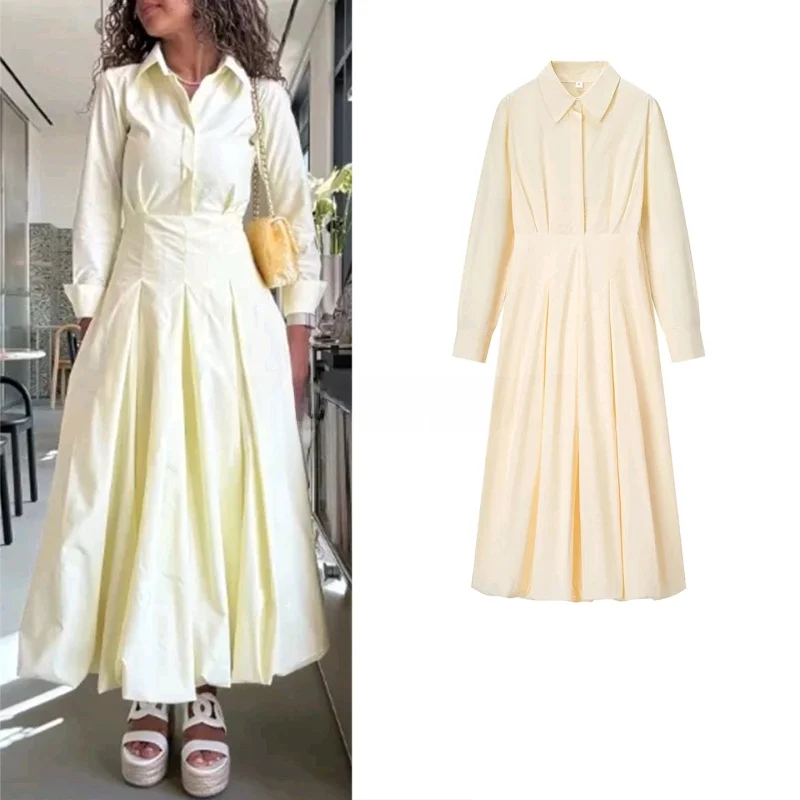 Automne nouveau Sle femmes couleur Pure longue Sve taille plissée en Midi Dr irt Sle trajet vent fibre de Polyester a-ligne S...