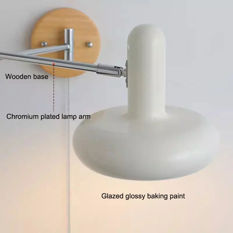 Bauhaus lámpara de pared de brazo basculante de viento crema con interruptor, lámpara de pared de cabecera Vintage, dormitorio, estudio, lámpara de