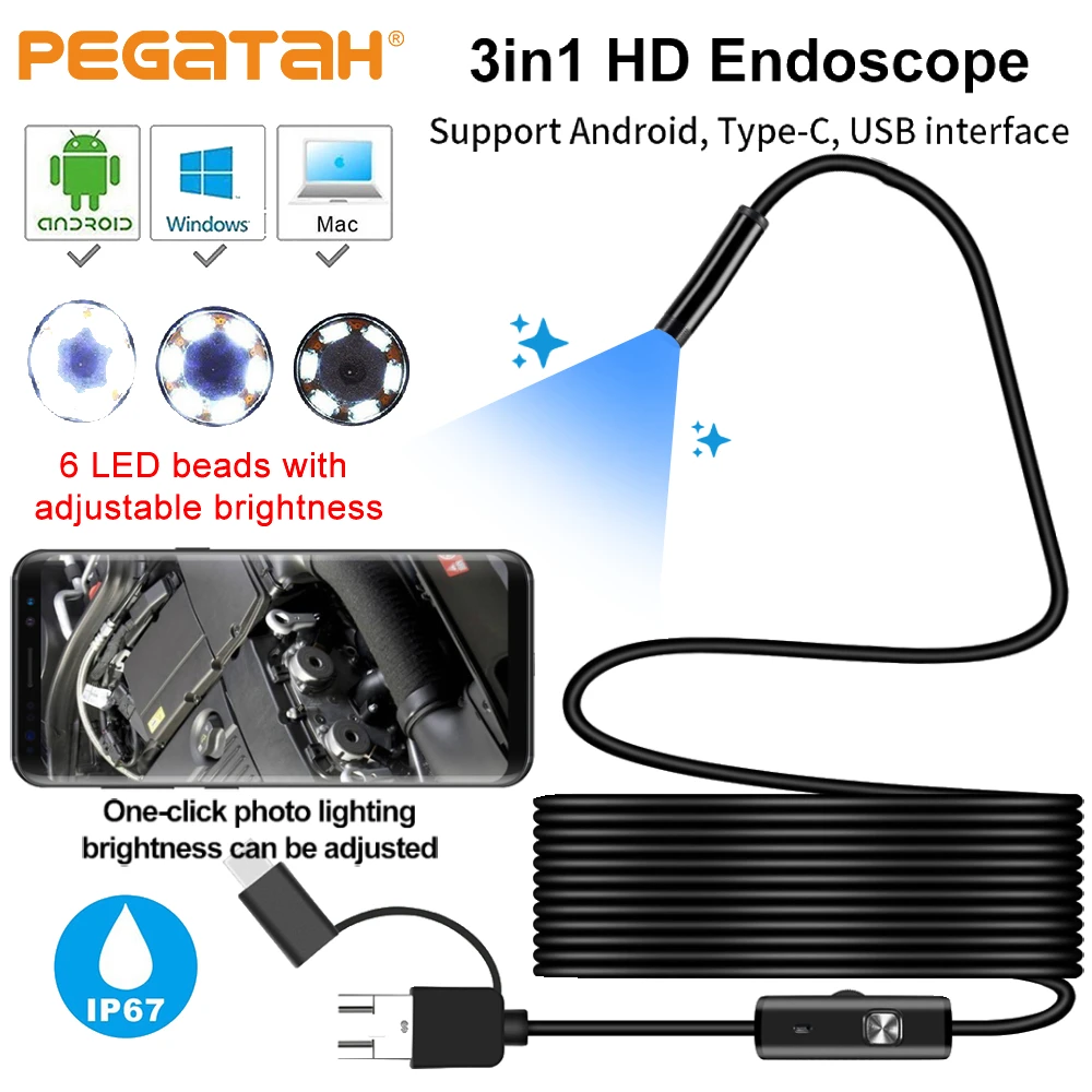 3 في 1 كاميرا المنظار 7 مللي متر مايكرو USB/Type-C Borescope كاميرا صغيرة إضاءة مقاومة للماء كاميرات فحص السيارات لأجهزة هواوي XIAOMI PC