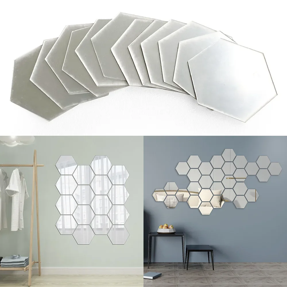 12Pcs Mirror Wall Sticker Hexagon Decal Home Decor DIY Self-adhesive Mirror Stickers Wall Accessories Bedroom Decoration