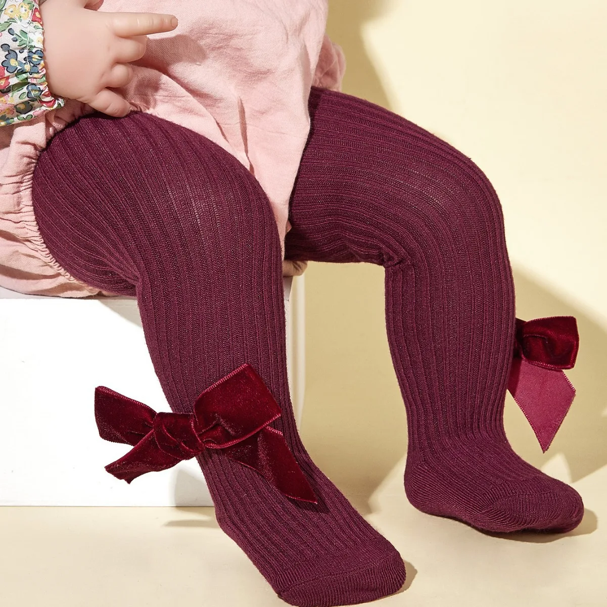2026 Baby Newborn Ribbed Tights Bow Solid Color Footed Pantyhose for 0-2Y Toddler Girls Soft Infant Leggings view 5