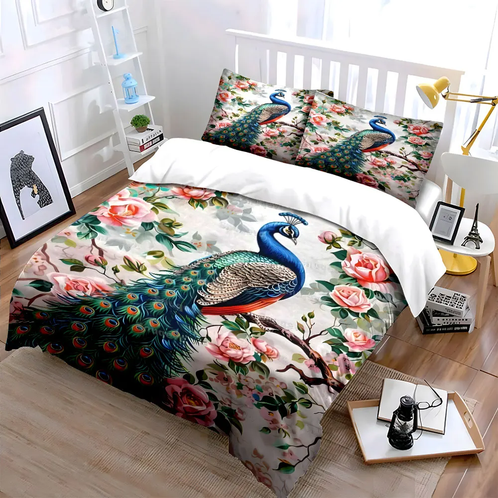 Peacock on roses branch artwork Print Bedding Set 1 Duvet Cover 2 Pillowcases for Adult and Children Luxury Gift Full Size