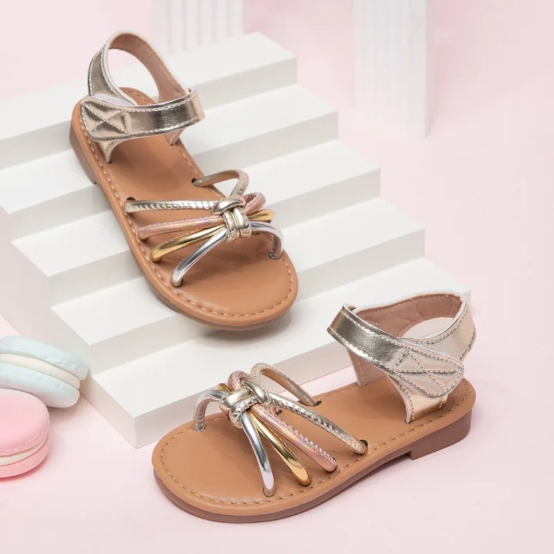 Summer Girls Soft-Soled Non-Slip Beach Princess Sandals Children Open-Toe Flat Stage Shoe Kids One-Strap Woven Hollow Roman Shoe