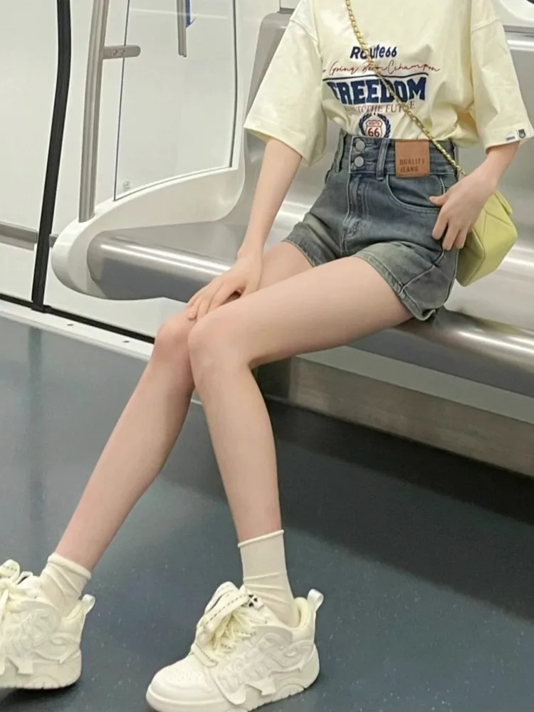 

Женские джинсовые шорты больших размеров в стиле ретро, летние, тонкие, с высокой талией, А-силуэт, повседневные, прямые, износостойкие, стройнящие