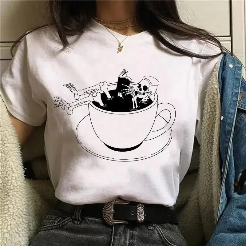 

Halloween Graphic Print White Tshirt Harajuku Fashion Women Casual Streetwear T Shirts Round Neck Short Sleeve Tees Clothes Tops