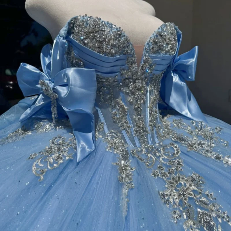 Light Blue Quinceanera Dress off-shoulder Sequin Crystal 3D Flower Decal Long tail Bow vestidos de 15 Quinceanera ﻿Customize