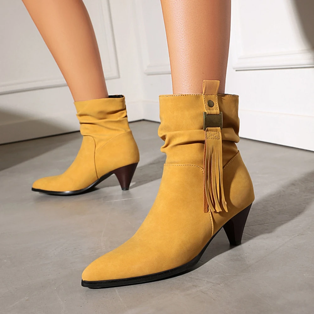 Women Pointed Toe Ankle Boots Tassel Decor Cone Heel Pleated Cuff Vintage Fashion Short Booties Plus Size 34‑48 6611 view 5