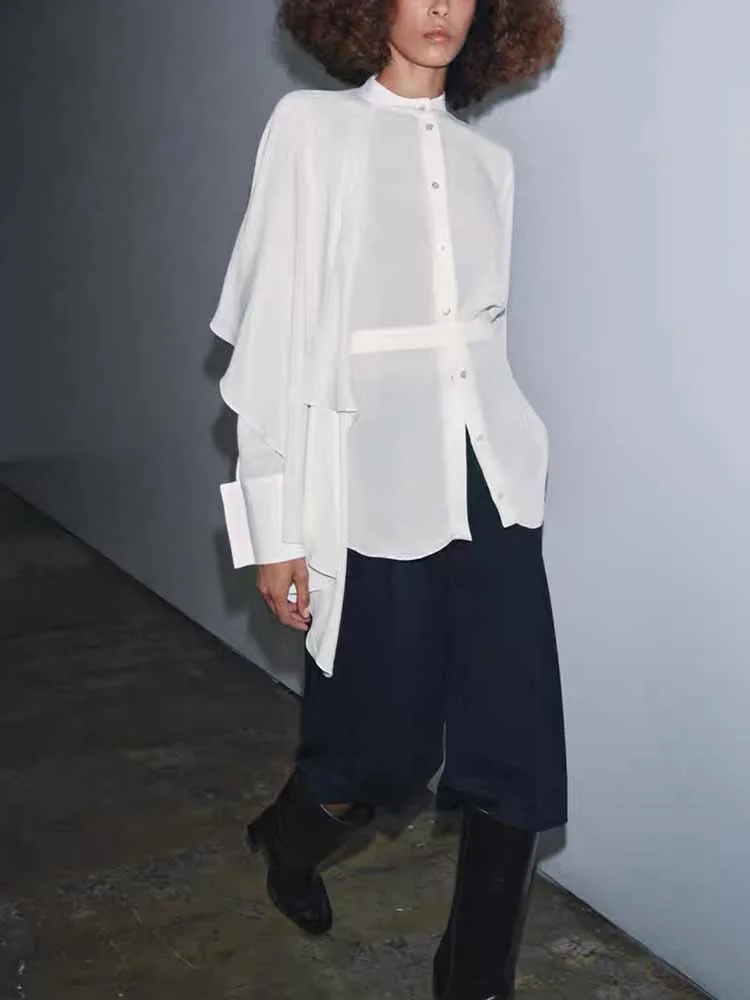 European and American style winter new arrivals, simple and fashionable women's round neck long sleeve asymmetrical shirt