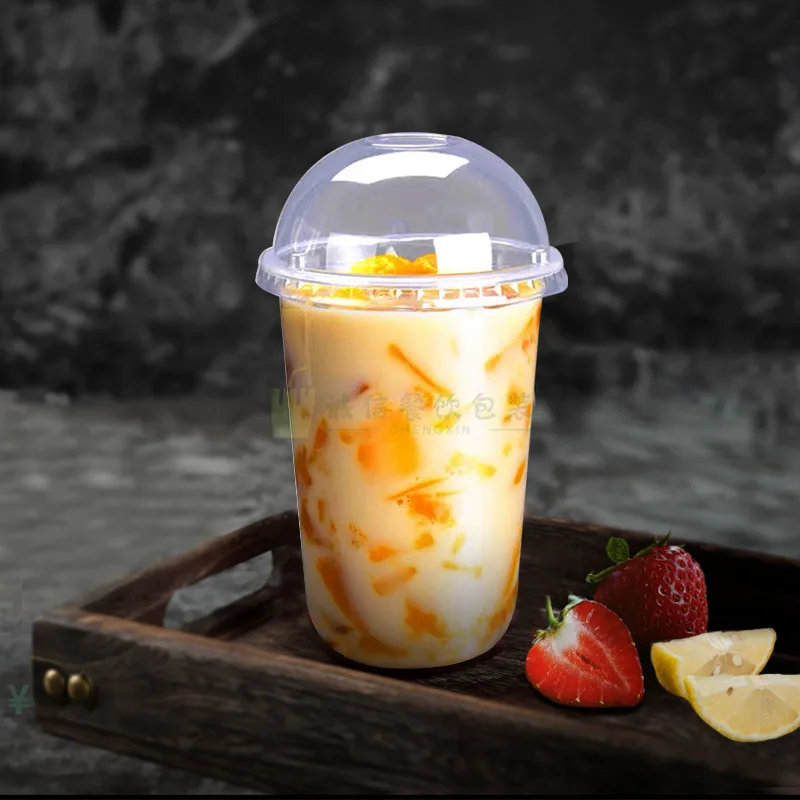 50pcs High quality ice cream coffee milk tea cup disposable 90 caliber u shape PET plastic transparent cold drink cups with lids