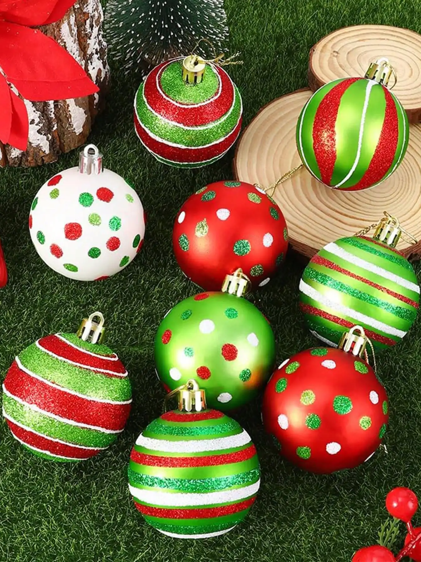 12Pcs Christmas Ball Hanging Ornaments, Colorful Glitter Polka Dot & Striped Baubles, Festive Xmas Tree Decor for Home & Party