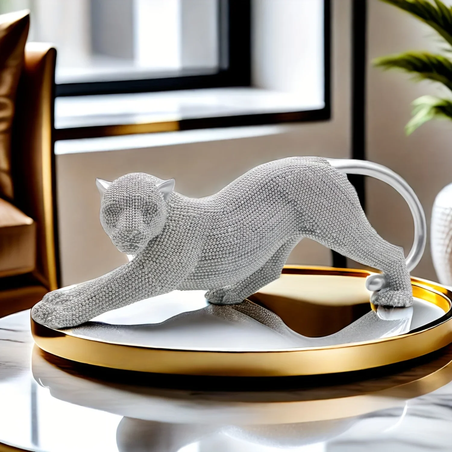 Modern Luxury Silver Leopard Resin Figurine - Creative Animal Sculpture for Office Shelf Decor - Christmas Thanksgiving Holiday