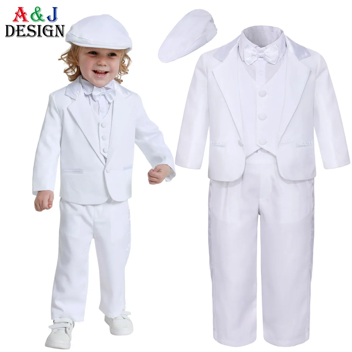 Baby Boy Baptism Outfit Infant White Christening Suit with Hat Toddler Wedding Birthday Party Clothing Long Sleeved Tuxedo 5PCS