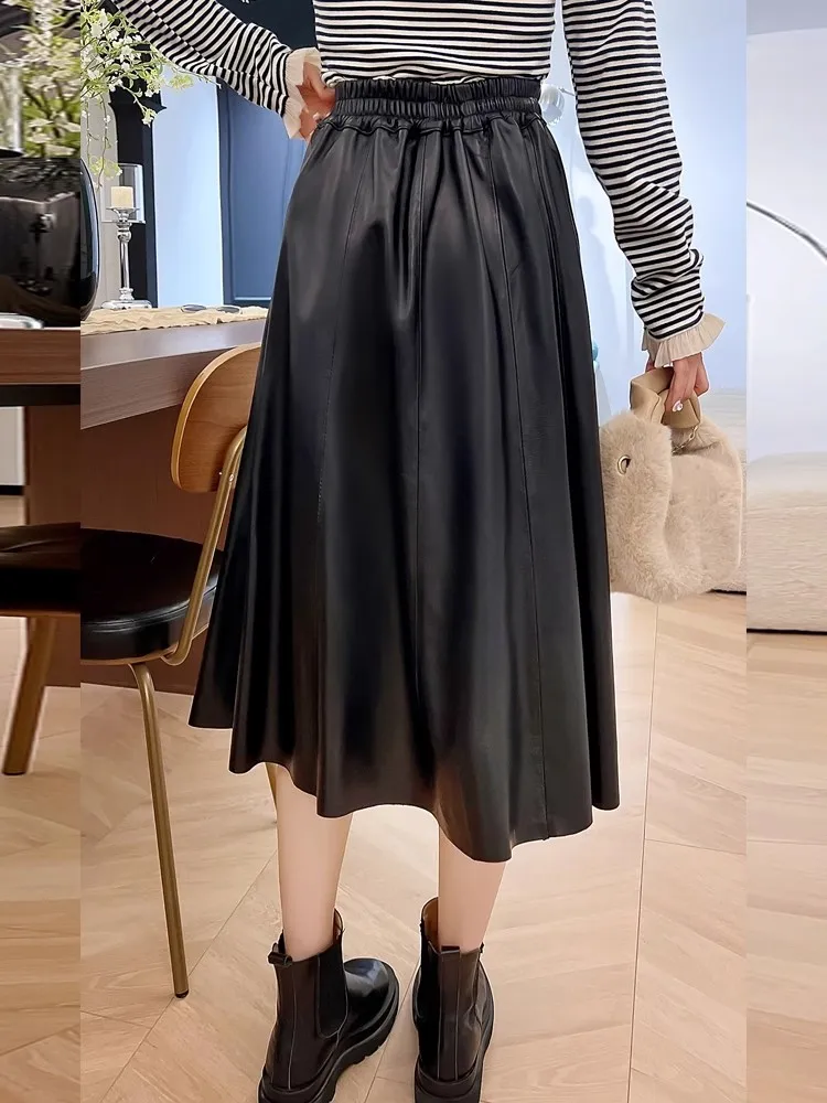 Women Genuine Leather Skirts High Waist A Line Stretch Waistband Sashes Mid Calf Office Lady Casual Top Quality Stylish 2025 New