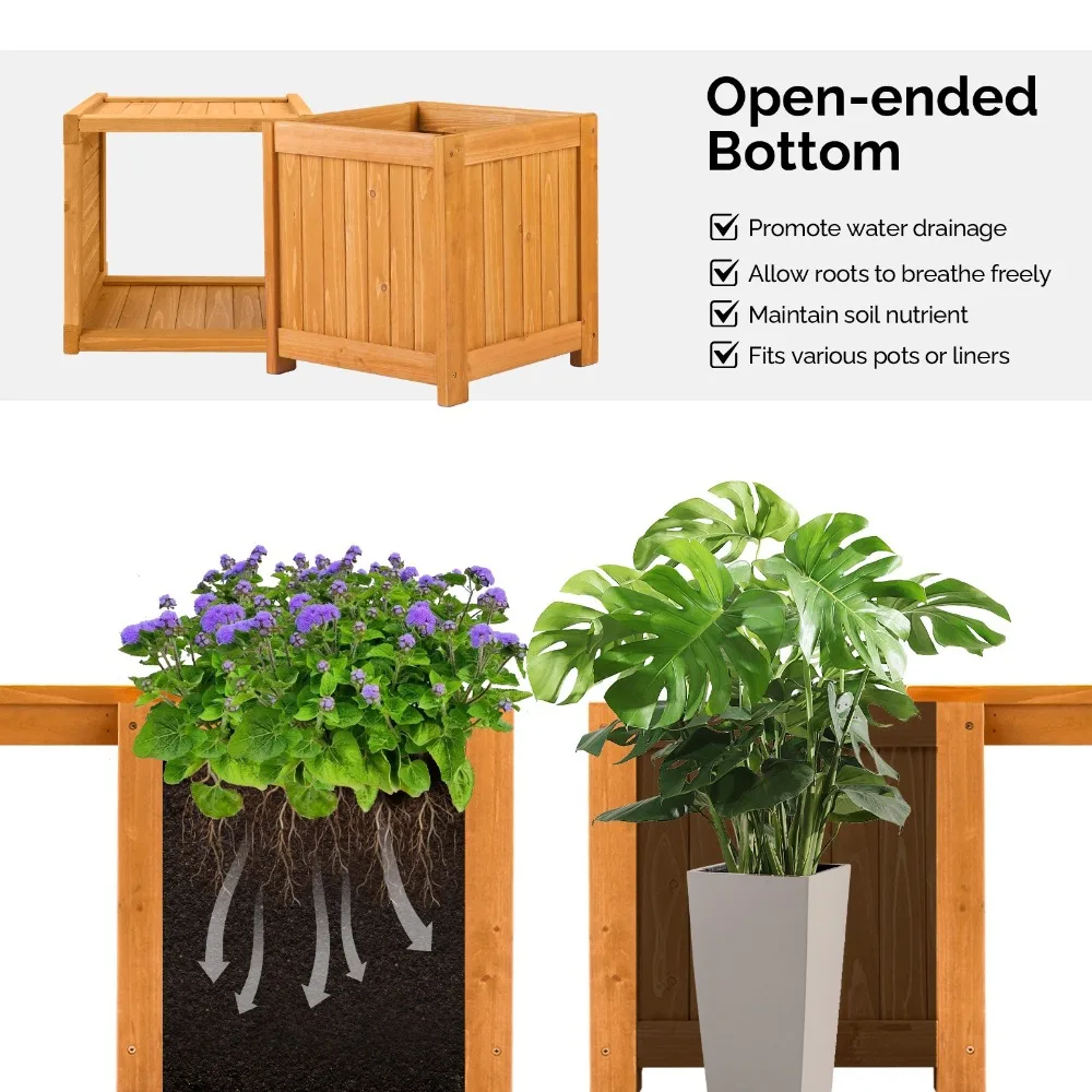 2-in-1 Wood Bench Box with Raised Bed Planter Boxes Open-Ended Base for Outdoor