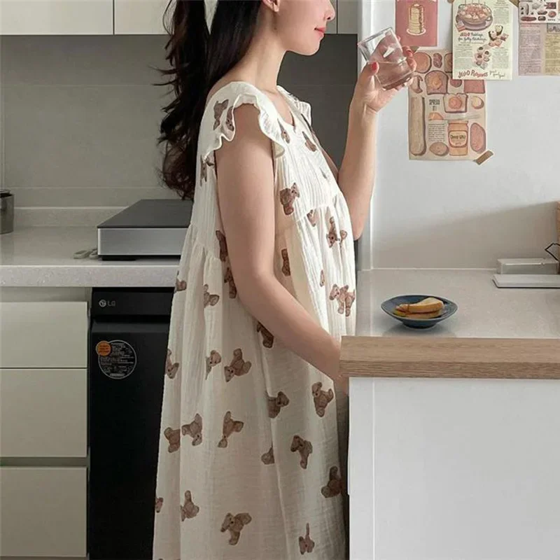 Cartoon Bear Summer Nightgown Women Short Sleeve Kawaii Nightdress Sleepwear High Waist Loose Home Clothes Sleeveless