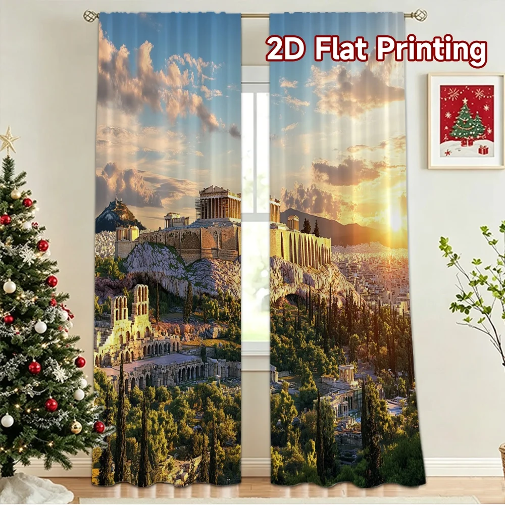 2D flat 2pcs Curtain French Romantic Style Athens Acropolis Sunset View Digitally printed polyester, colorfast Festive Curtains
