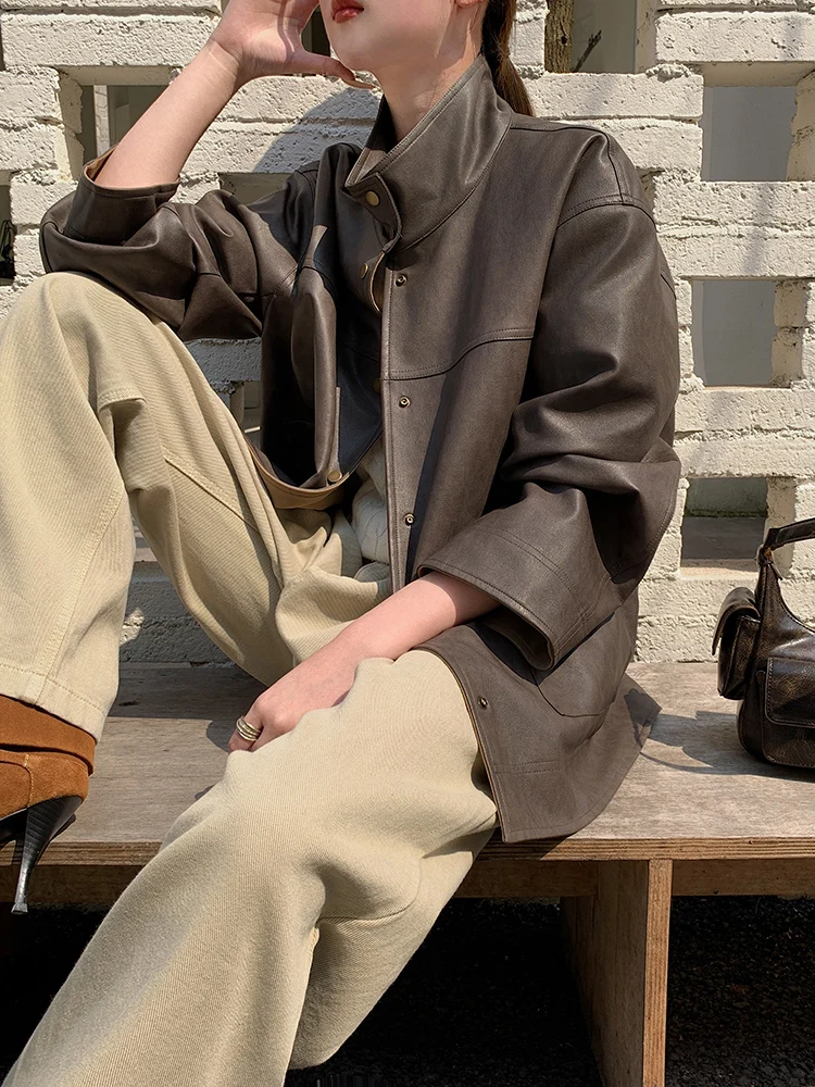 Missneko Brown Single Button Double Sided Wear Leather Jaet Women's Loose Casual Top Street Sle PU Leather Spring 2025