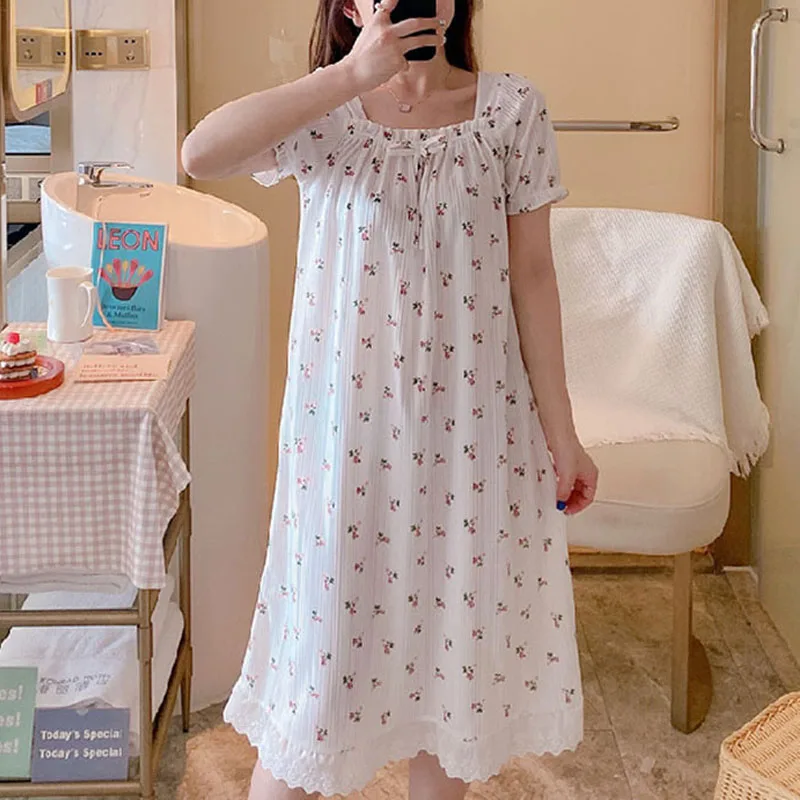 Sexy Nightwear Women Dress Short Sleeve Lace Lace Girl Nightgown Floral Loungewear School Sleepwear Night Sexs Dress Princess